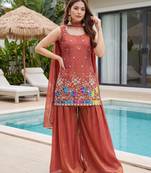 Rust embroidered beads work shimmer satin sharara salwar suit set with dupatta