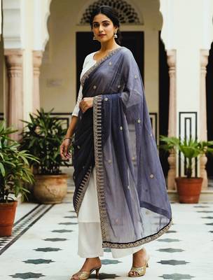 Blue color organza fabric dori embroidery work fancy ceremonial dupatta 1