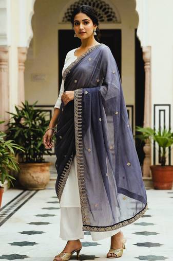 Blue color organza fabric dori embroidery work fancy ceremonial dupatta
