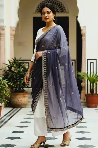 Blue color organza fabric dori embroidery work fancy ceremonial dupatta