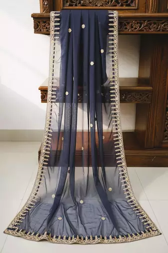 Blue color organza fabric dori embroidery work fancy ceremonial dupatta