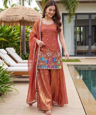 Rust embroidered beads work shimmer satin sharara salwar suit set with dupatta 2