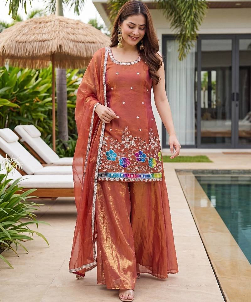 Rust embroidered beads work shimmer satin sharara salwar suit set with dupatta