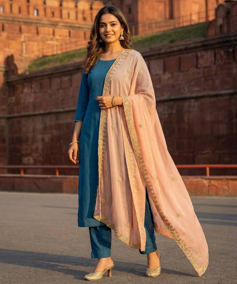 Peach color organza fabric dori embroidery work fancy ceremonial dupatta