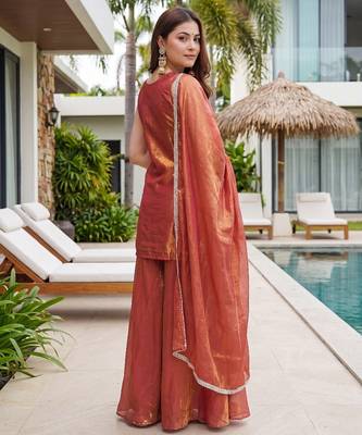 Rust embroidered beads work shimmer satin sharara salwar suit set with dupatta 3