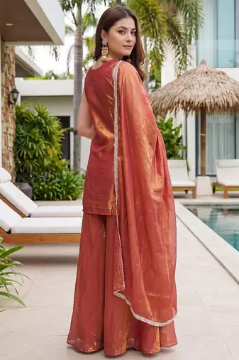 Rust embroidered beads work shimmer satin sharara salwar suit set with dupatta