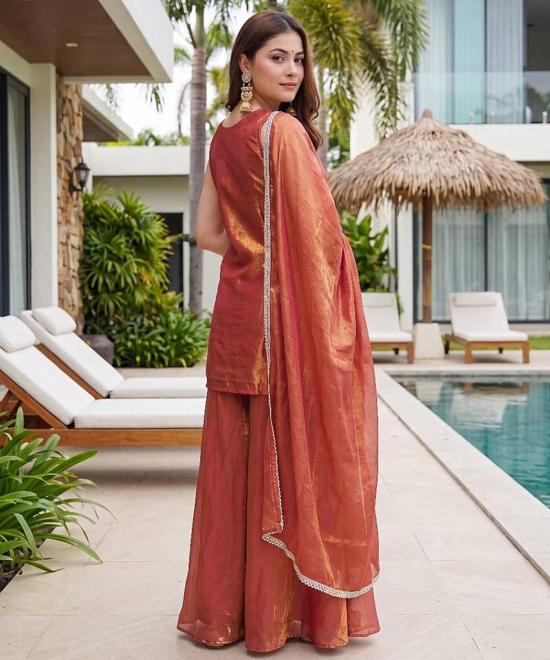 Rust embroidered beads work shimmer satin sharara salwar suit set with dupatta