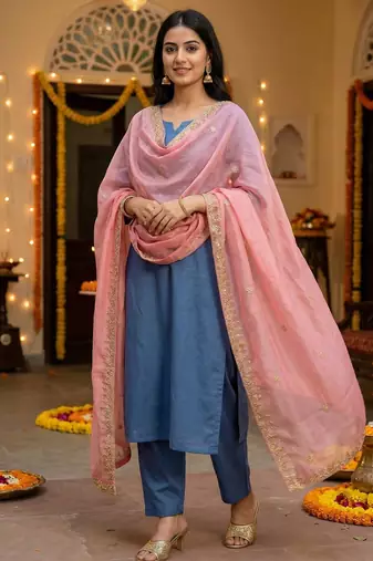 Pink color organza fabric dori embroidery work fancy ceremonial dupatta
