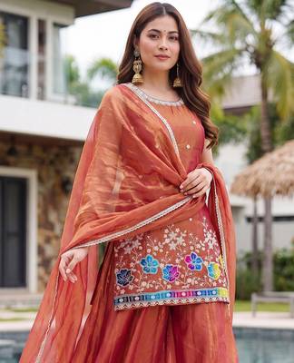 Rust embroidered beads work shimmer satin sharara salwar suit set with dupatta 4