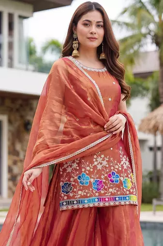 Rust embroidered beads work shimmer satin sharara salwar suit set with dupatta