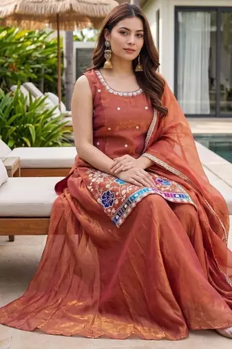 Rust embroidered beads work shimmer satin sharara salwar suit set with dupatta