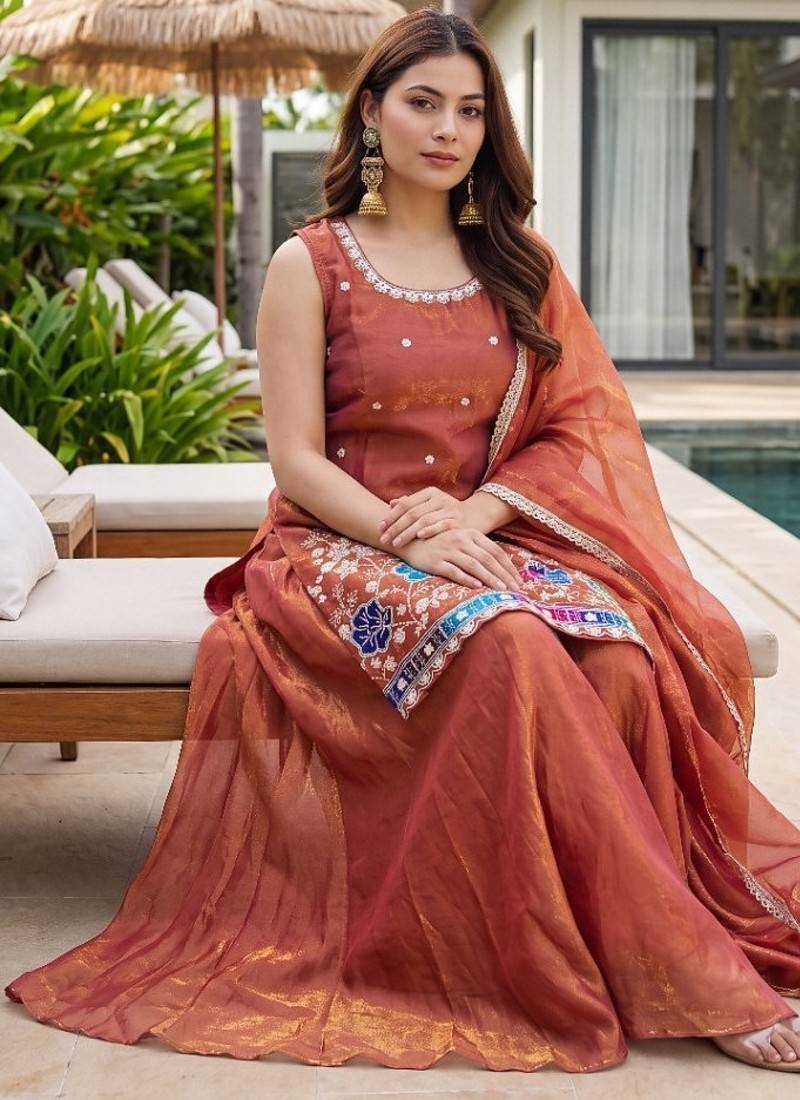 Rust embroidered beads work shimmer satin sharara salwar suit set with dupatta