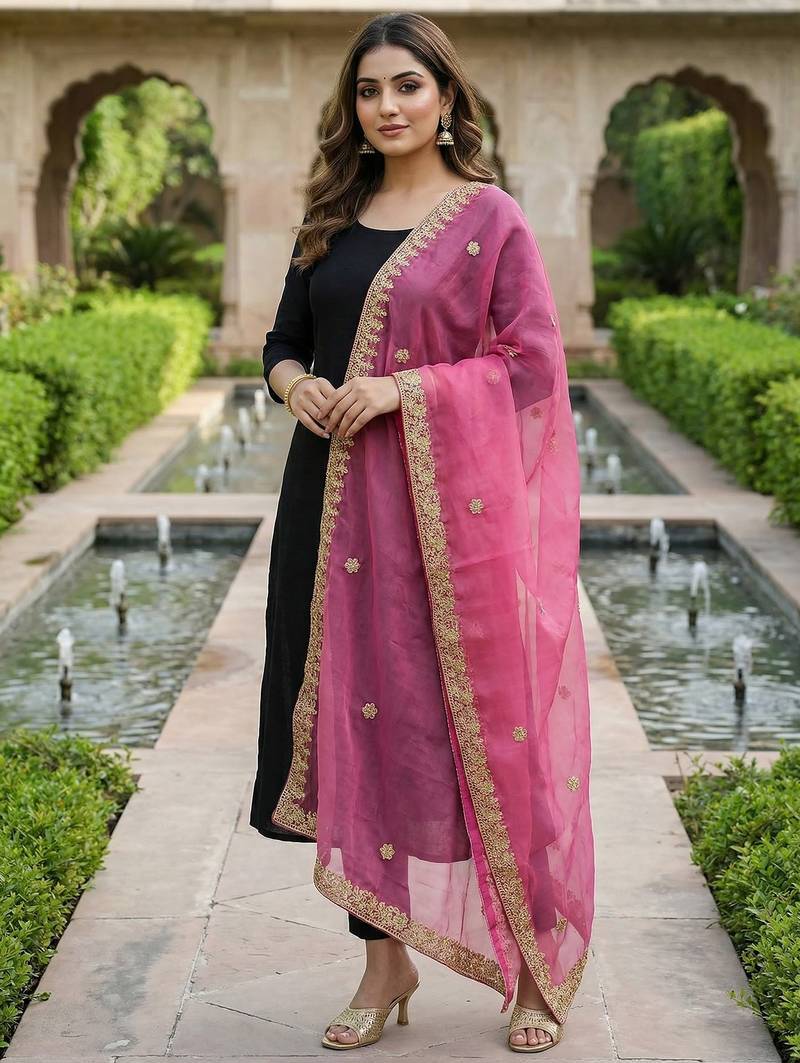 Rani pink color organza fabric dori embroidery work fancy ceremonial dupatta