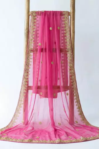 Rani pink color organza fabric dori embroidery work fancy ceremonial dupatta