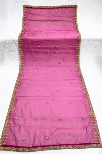 Rani pink color organza fabric dori embroidery work fancy ceremonial dupatta
