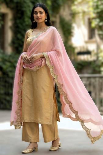 Baby pink color organza fabric sequins embroidery work ceremonial dupatta