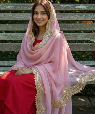 Baby pink color organza fabric sequins embroidery work ceremonial dupatta 2