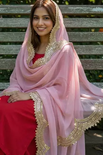 Baby pink color organza fabric sequins embroidery work ceremonial dupatta