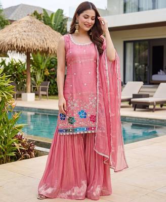 Peach embroidered beads work shimmer satin sharara salwar suit set with dupatta 1