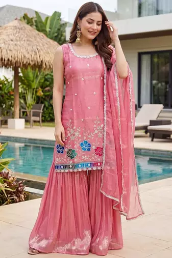Peach embroidered beads work shimmer satin sharara salwar suit set with dupatta