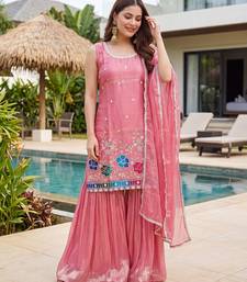Peach embroidered beads work shimmer satin sharara salwar suit set with dupatta