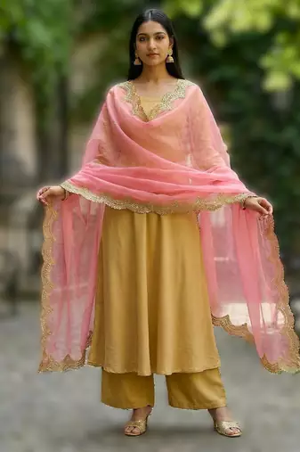 Gajri color organza fabric sequins embroidery work ceremonial dupatta