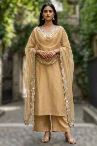 Beige color organza fabric sequins embroidery work ceremonial dupatta