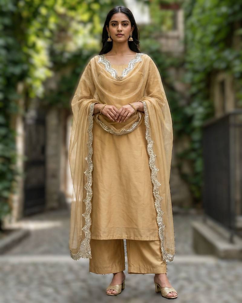 Beige color organza fabric sequins embroidery work ceremonial dupatta