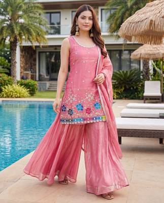 Peach embroidered beads work shimmer satin sharara salwar suit set with dupatta 2