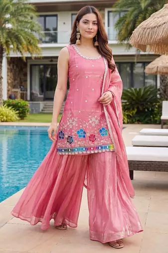 Peach embroidered beads work shimmer satin sharara salwar suit set with dupatta