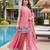 Peach embroidered beads work shimmer satin sharara salwar suit set with dupatta
