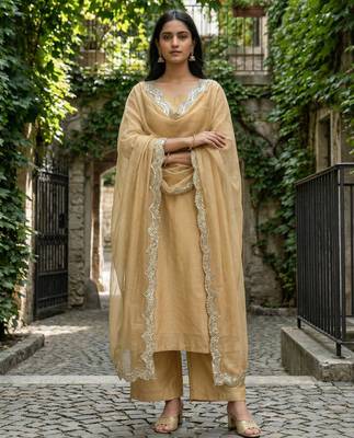 Beige color organza fabric sequins embroidery work ceremonial dupatta 2