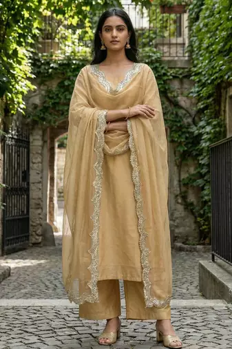 Beige color organza fabric sequins embroidery work ceremonial dupatta