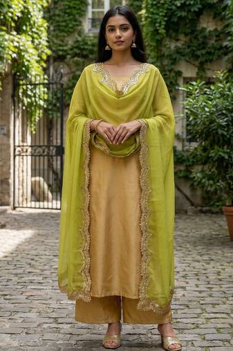 Parrot green color organza fabric sequins embroidery work ceremonial dupatta