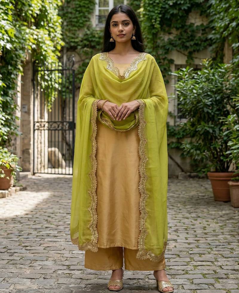 Parrot green color organza fabric sequins embroidery work ceremonial dupatta