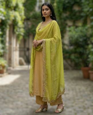 Parrot green color organza fabric sequins embroidery work ceremonial dupatta 2