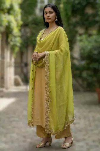 Parrot green color organza fabric sequins embroidery work ceremonial dupatta