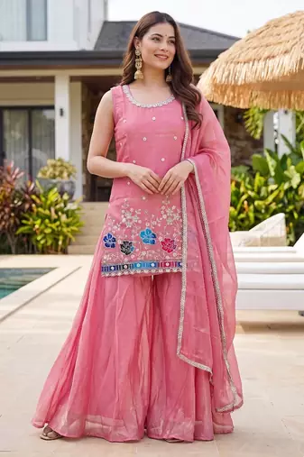 Peach embroidered beads work shimmer satin sharara salwar suit set with dupatta
