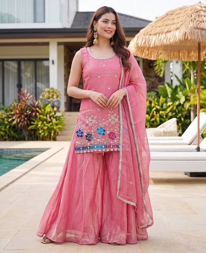 Peach embroidered beads work shimmer satin sharara salwar suit set with dupatta