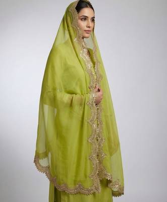 Parrot green color organza fabric sequins embroidery work ceremonial dupatta 3