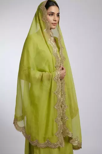 Parrot green color organza fabric sequins embroidery work ceremonial dupatta