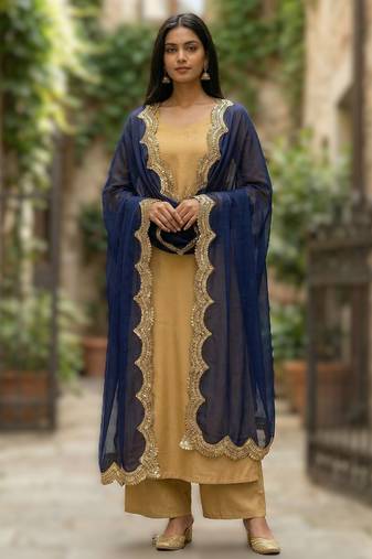 Blue color organza fabric sequins embroidery work ceremonial dupatta