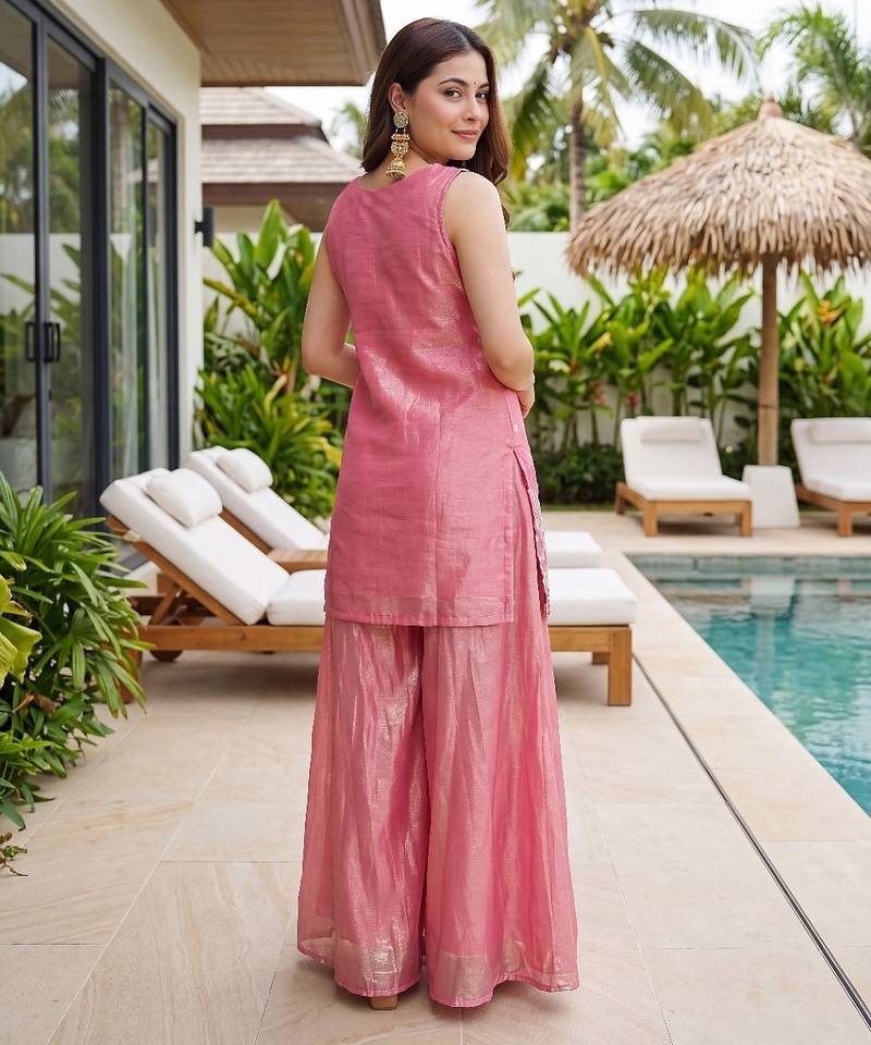 Peach embroidered beads work shimmer satin sharara salwar suit set with dupatta
