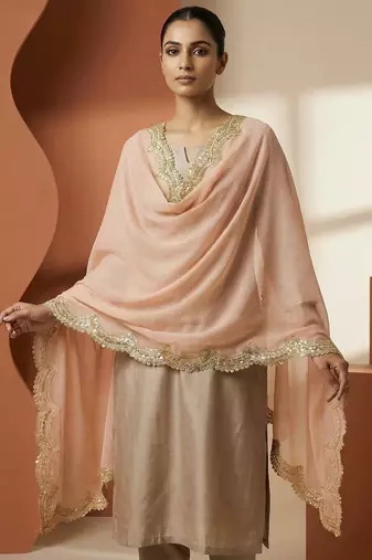 Peach color organza fabric sequins embroidery work ceremonial dupatta