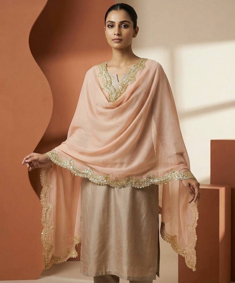 Peach color organza fabric sequins embroidery work ceremonial dupatta