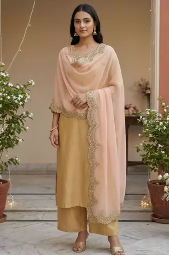 Peach color organza fabric sequins embroidery work ceremonial dupatta