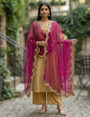Pink color organza fabric sequins embroidery work ceremonial dupatta 1
