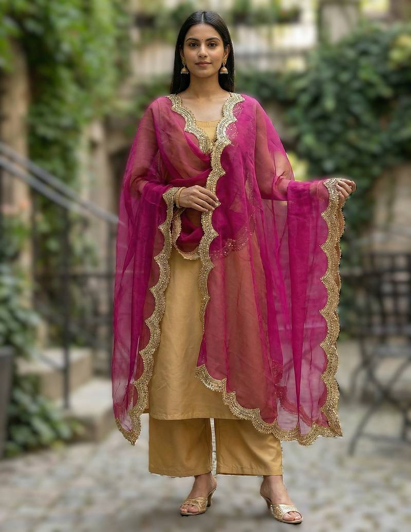 Pink color organza fabric sequins embroidery work ceremonial dupatta