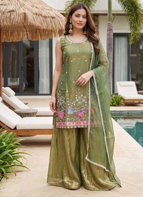Mehendi embroidered beads work shimmer satin sharara salwar suit set with dupatta 1