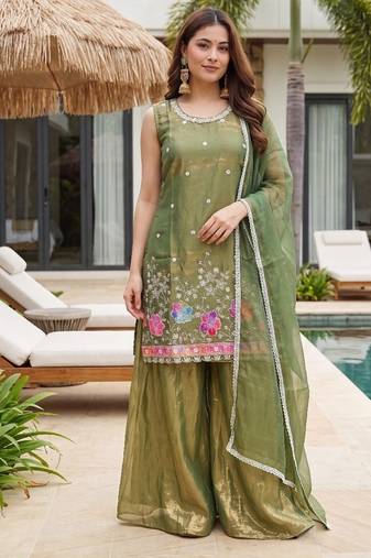 Mehendi embroidered beads work shimmer satin sharara salwar suit set with dupatta